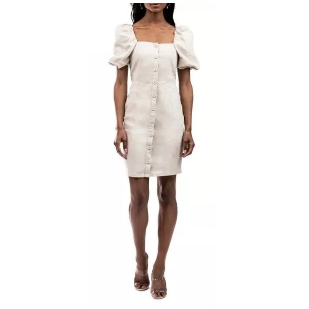 Rachel Parcell Linen Blend Button Front Puff Sleeve Dress Size Medium
